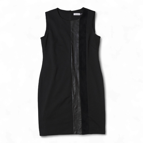 Calvin Klein Sheath Dress Sz 12 Black Leather Panel Edgy Sleeveless Needs Repair - Picture 6 of 13